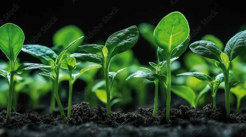 Close-up of several young green seedlings growing in dark, moist soil, illuminated against a black background.